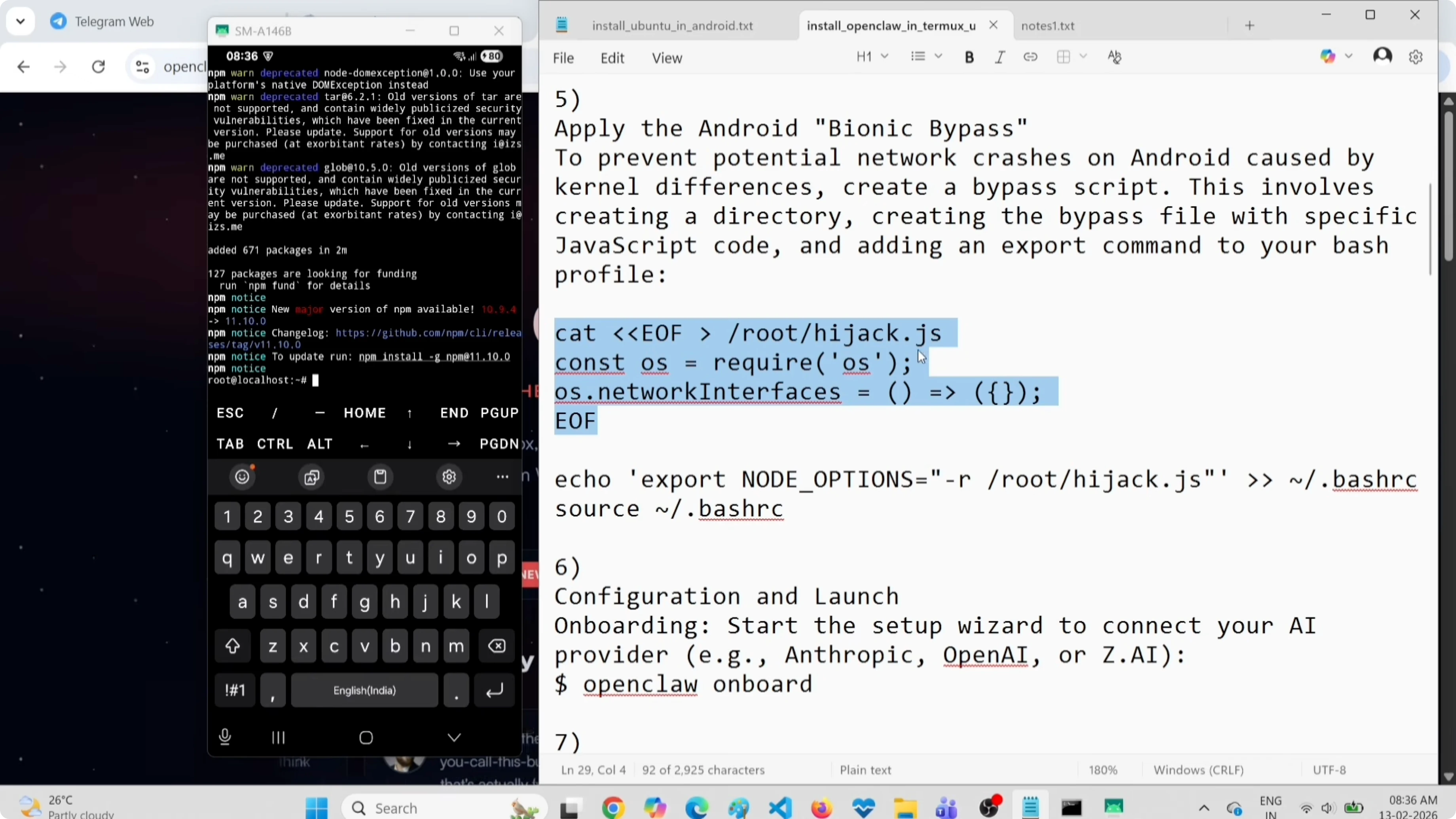 Screenshot from Installing OpenClaw on Android: Free Model and Telegram Guide at 211s