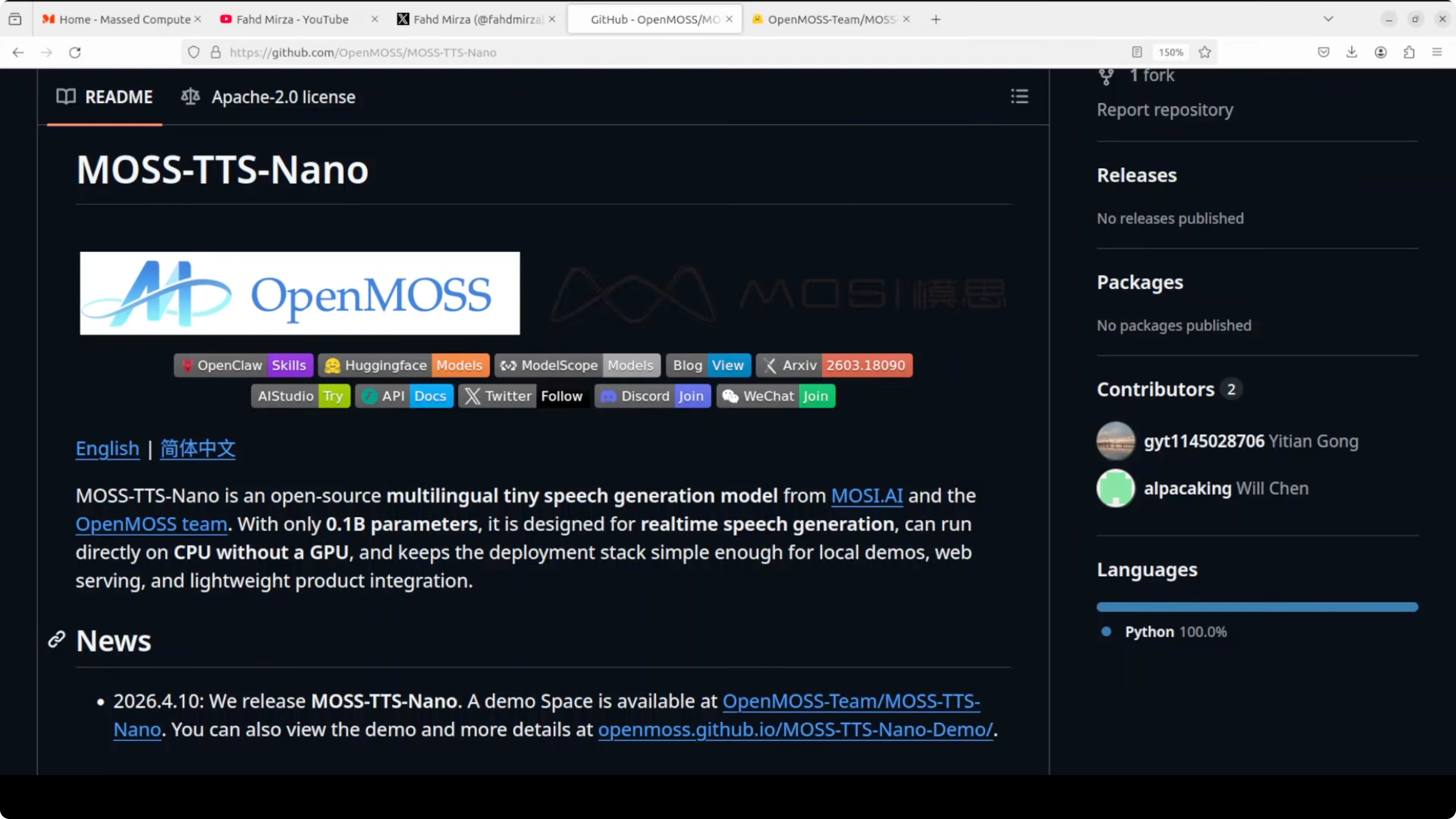 Screenshot from MOSS-TTS-Nano: Powerful Multilingual TTS at 454s