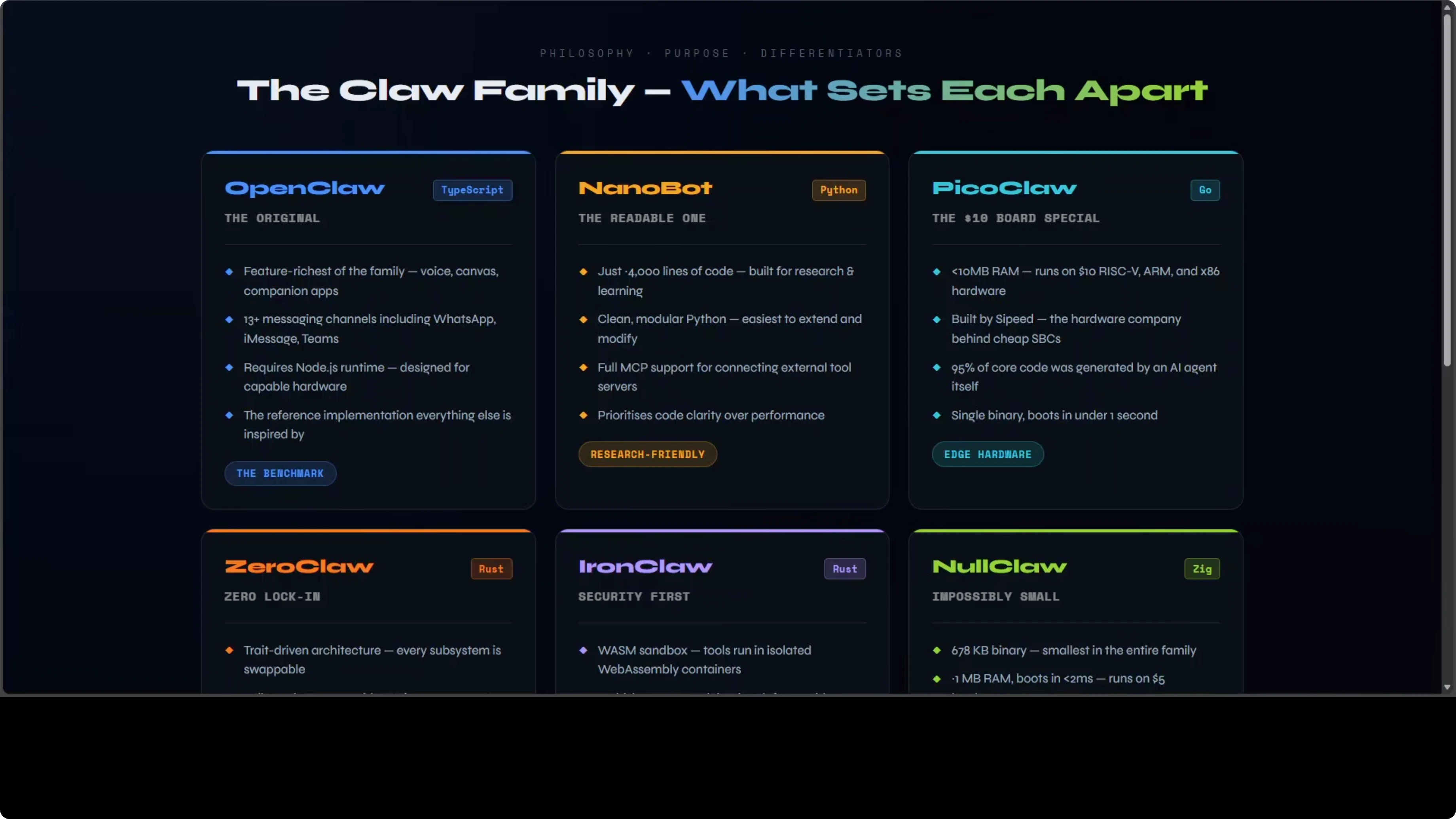 Screenshot from OpenClaw vs PicoClaw vs NullClaw vs ZeroClaw vs NanoBot vs TinyClaw at 256s