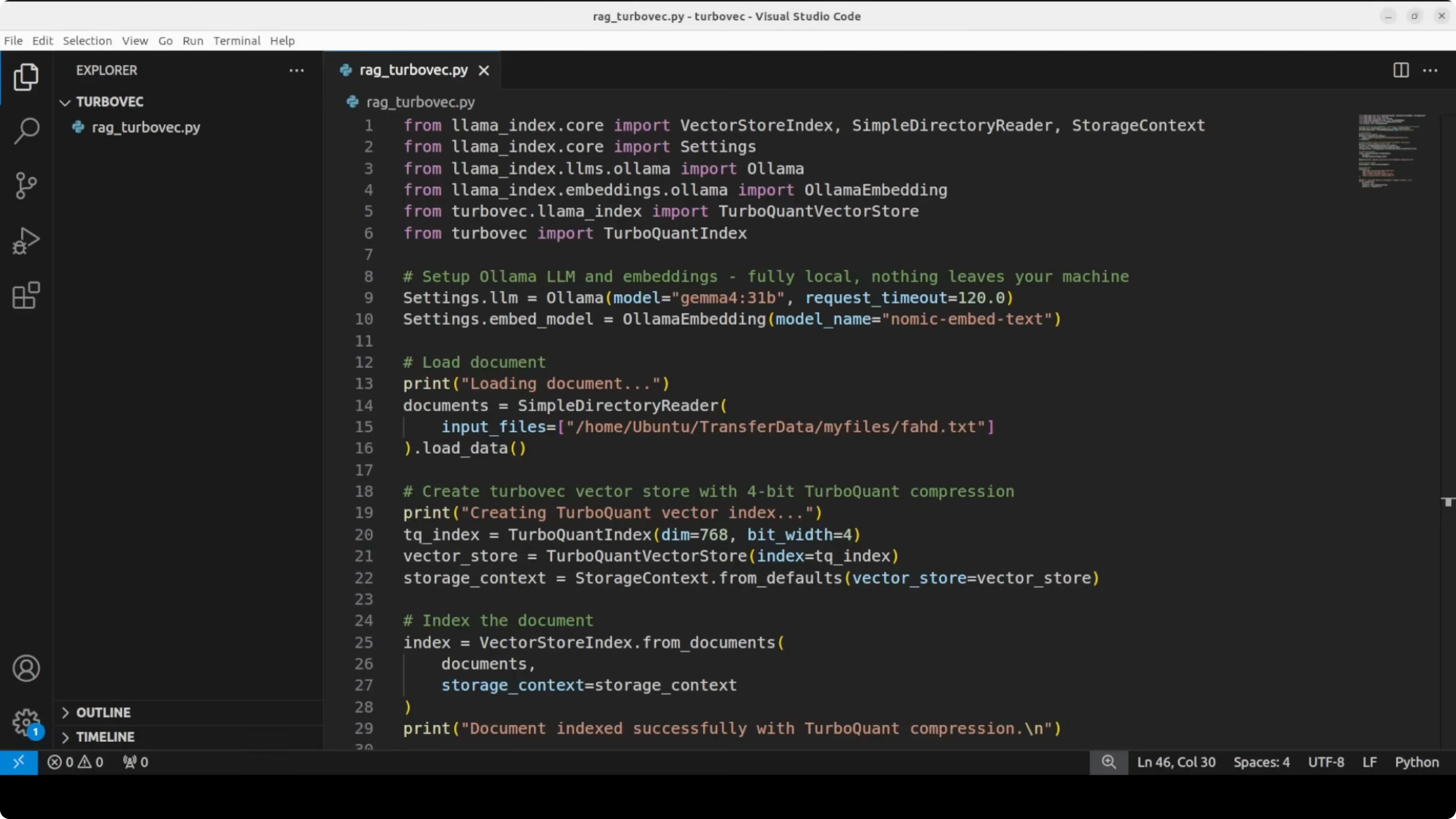 Screenshot from Turbovec: Exploring Google's TurboQuant with Ollama at 210s